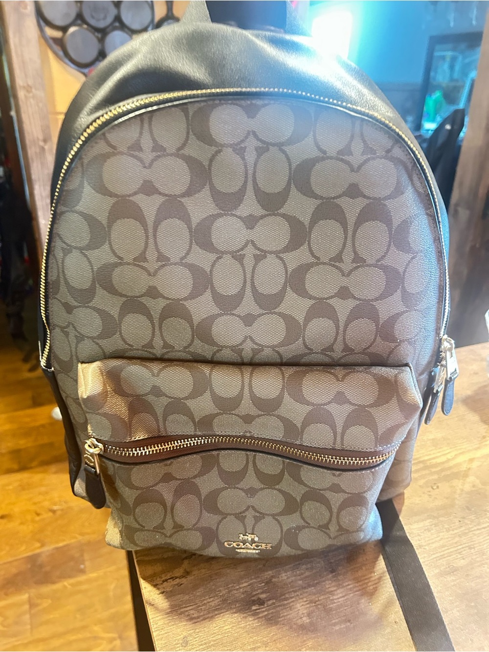Coach Brown Signature Monogram Backpack with Gold Hardware